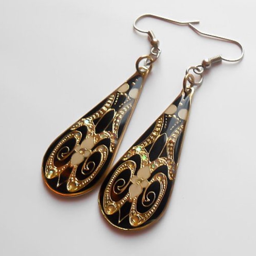 Damascene Evil Queen Gold and Black Teardrop dangle Earrings